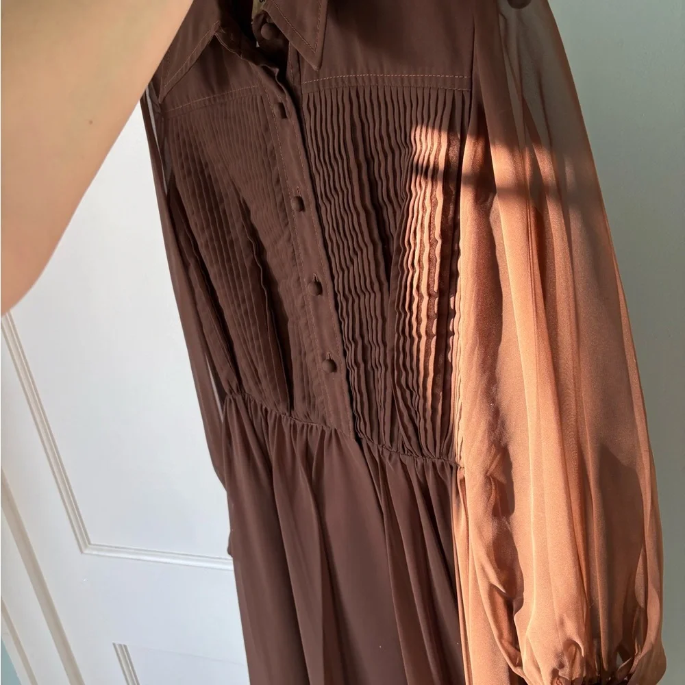 VTG 1960s Jack Bryan Chocolate Brown Pleated Chiffon Lantern Sleeve Midi Dress - Picture 6 of 9